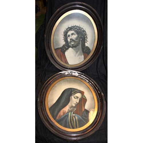 308 - 2 MAHOGANY OVAL FRAMED PICTURES: JESUS & MARY