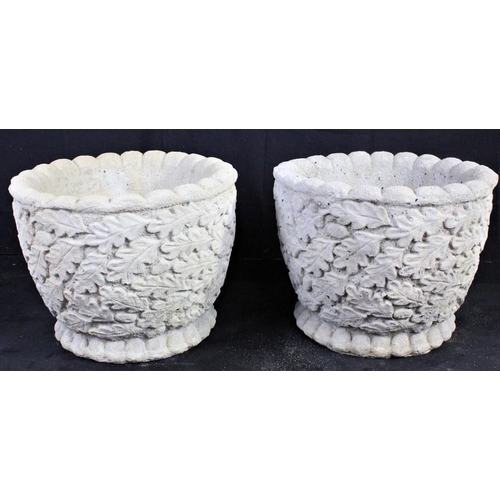 34 - PAIR STONEWORK CIRCULAR PLANTERS FEATURING OAK LEAVES AND ACORNS