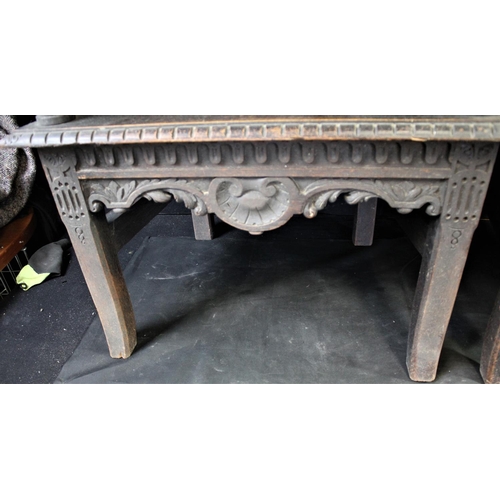 12 - PAIR HEAVILY CARVED THRONE CHAIRS WITH SUN FACE IN BACK PANELS OVER SOLID SEATS & SCROLL ARMS ON STR... 