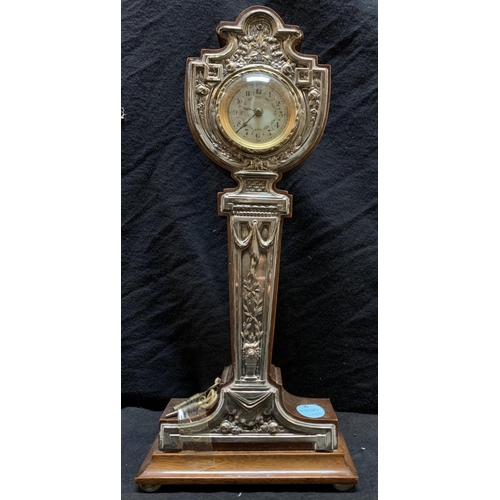 2 - TALL MANTLE CLOCK WITH KEYS, PAIR CANDLESTICKS & METAL SURROUND WIND UP CLOCK (GLASS CRACKED)
