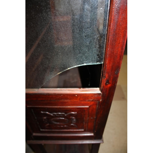 64 - MAHOGANY GLAZED TOP CABINET WITH 2 DOORS (1 PANE GLASS MISSING, 1 BROKEN) AND SHELF BELOW ON SQUARE ... 