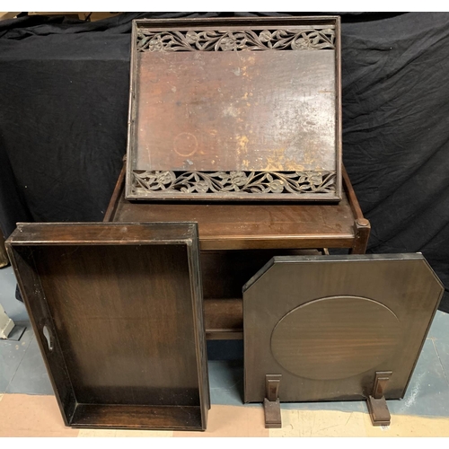 68 - WOODEN TRAY, OAK CARVED TABLETOP (1 STRUT FROM UNDERSIDE MISSING) & WOODEN FIRE SCREEN