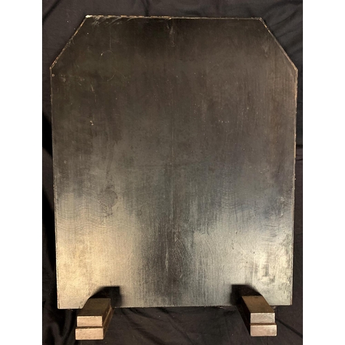 68 - WOODEN TRAY, OAK CARVED TABLETOP (1 STRUT FROM UNDERSIDE MISSING) & WOODEN FIRE SCREEN