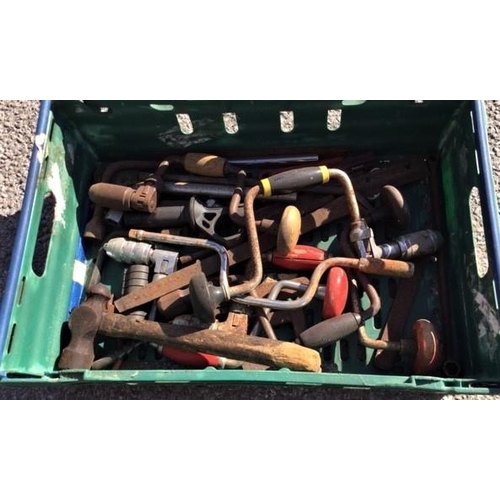 99 - PLASTIC CRATE CONTAINING VARIOUS HAND TOOLS INCLUDING BRACK & BIT RATCHETS ETC
