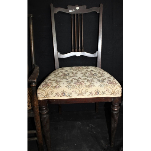 100 - SMALL EBONISED CHAIR, ARMCHAIR WITH CANEWORK SEAT & DINING CHAIR WITH UPHOLSTERED SEAT