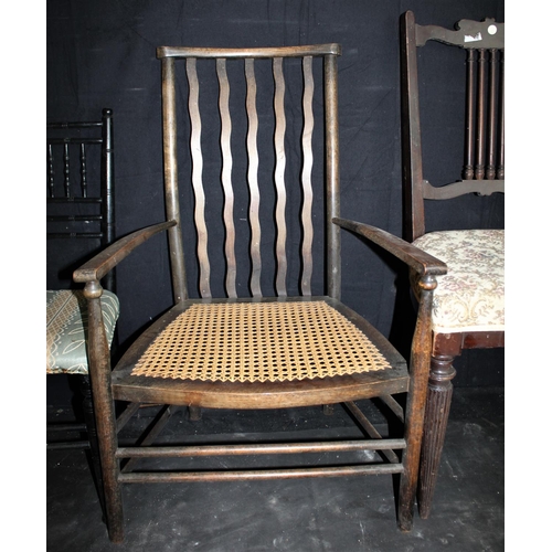 100 - SMALL EBONISED CHAIR, ARMCHAIR WITH CANEWORK SEAT & DINING CHAIR WITH UPHOLSTERED SEAT