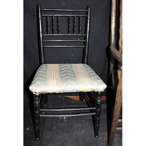 100 - SMALL EBONISED CHAIR, ARMCHAIR WITH CANEWORK SEAT & DINING CHAIR WITH UPHOLSTERED SEAT