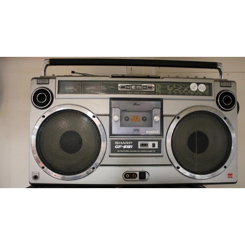 106 - VARIOUS AUDIO EQUIPMENT: SHARP GF9191 GHETTO BLASTER, JVC FX33L TUNER, ELCONIC RADIO/CASSETTE, PAIR ... 