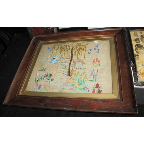 123 - FRAMED ARRANGEMENT OF ANIMAL PICTURES, FRAMED EMBROIDERY, 3 FRAMED PICTURES - 1 WITH DAMAGED GLASS