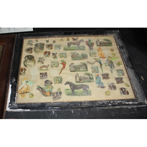 123 - FRAMED ARRANGEMENT OF ANIMAL PICTURES, FRAMED EMBROIDERY, 3 FRAMED PICTURES - 1 WITH DAMAGED GLASS