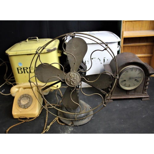 169 - 2 BREAD BINS, TELEPHONE, MANTLE CLOCK (NO KEY OR PENDULUM), GEC ELECTRIC FAN & HYMN BOOK STAND