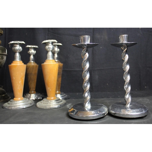 170 - 4 PAIR CANDLESTICKS & OIL LAMP CONVERTED TO ELECTRIC (NO SHADE)