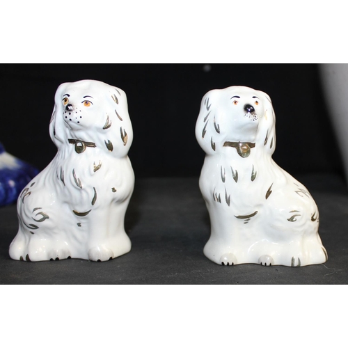 173 - POTTERY VASE, BLUE & WHITE PLANTER ON STAND (NOT MATCHING) & PAIR MINIATURE STAFFORDSHIRE DOGS