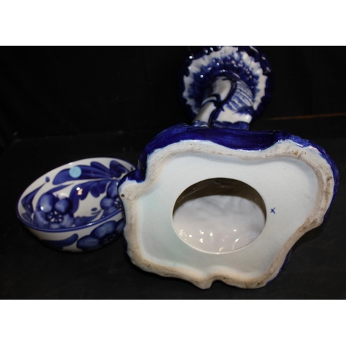 173 - POTTERY VASE, BLUE & WHITE PLANTER ON STAND (NOT MATCHING) & PAIR MINIATURE STAFFORDSHIRE DOGS