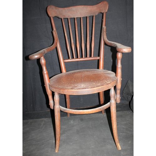 19 - OFFICE ARMCHAIR WITH BRASS STUDDED LEATHER SEAT & ARM AND HIGH SPINDLE BACK BENTWOOD ARMCHAIR