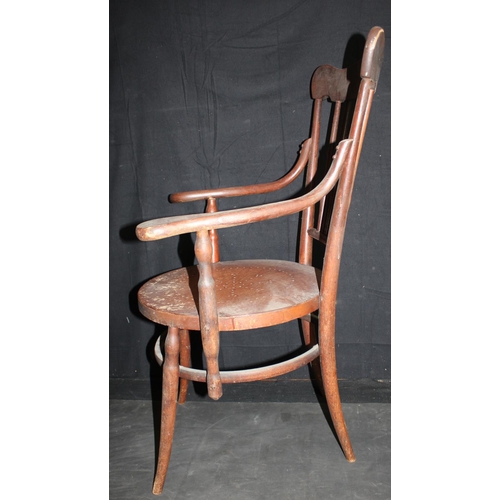 19 - OFFICE ARMCHAIR WITH BRASS STUDDED LEATHER SEAT & ARM AND HIGH SPINDLE BACK BENTWOOD ARMCHAIR