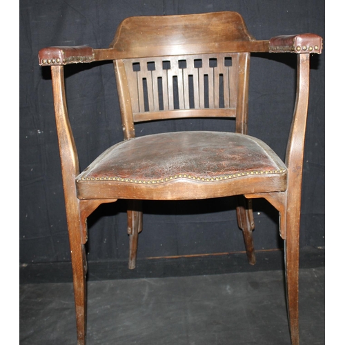 19 - OFFICE ARMCHAIR WITH BRASS STUDDED LEATHER SEAT & ARM AND HIGH SPINDLE BACK BENTWOOD ARMCHAIR