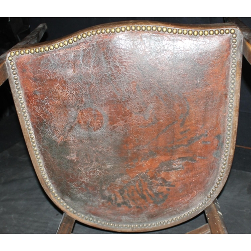 19 - OFFICE ARMCHAIR WITH BRASS STUDDED LEATHER SEAT & ARM AND HIGH SPINDLE BACK BENTWOOD ARMCHAIR