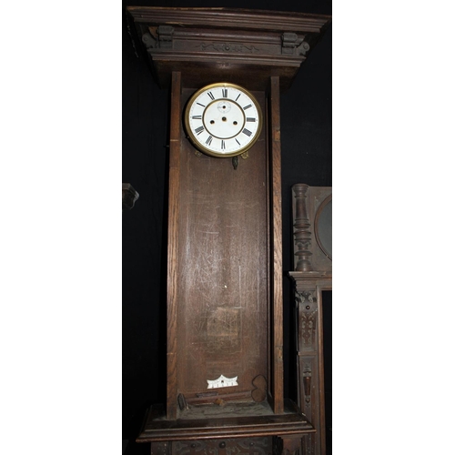 192 - 2 OAK CASED WALL CLOCKS - FOR REPAIR OR PARTS