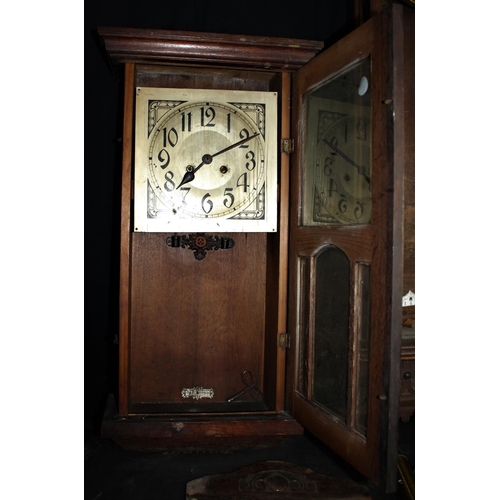 192 - 2 OAK CASED WALL CLOCKS - FOR REPAIR OR PARTS