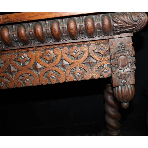 196 - OAK REFECTORY STYLE TABLE ON CARVED BASE & BARLEY TWIST SUPPORT & STRETCHER