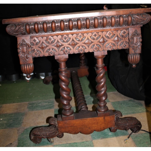 196 - OAK REFECTORY STYLE TABLE ON CARVED BASE & BARLEY TWIST SUPPORT & STRETCHER