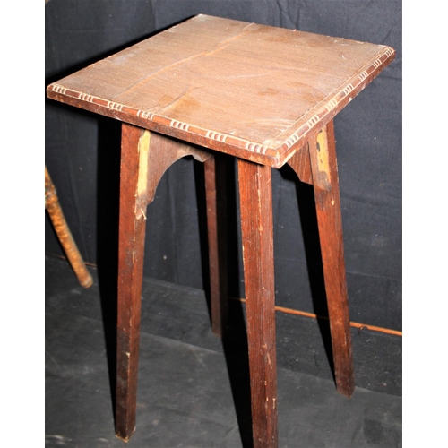 223 - 2 PLANT STANDS (1 DAMAGED), BAMBOO SIDE TABLE, TRIPOD WINE TABLE BASE WITH BRASS TOP, WINE TABLE TOP... 