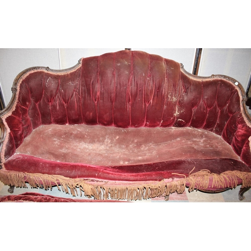 227 - RED STUD BACK, CARVED WOODEN FRAME SOFA WITH CABRIOLE LEGS (NEEDS RE-UPHOLSTERING/REPAIR)