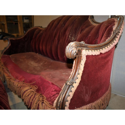 227 - RED STUD BACK, CARVED WOODEN FRAME SOFA WITH CABRIOLE LEGS (NEEDS RE-UPHOLSTERING/REPAIR)