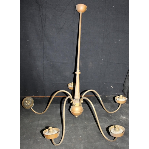 228 - CHROME & GLASS LIGHT FITTING, 2 BRASS 4 BRANCH LIGHT FITTINGS & 1 BRASS 5 BRANCH LIGHT FITTING