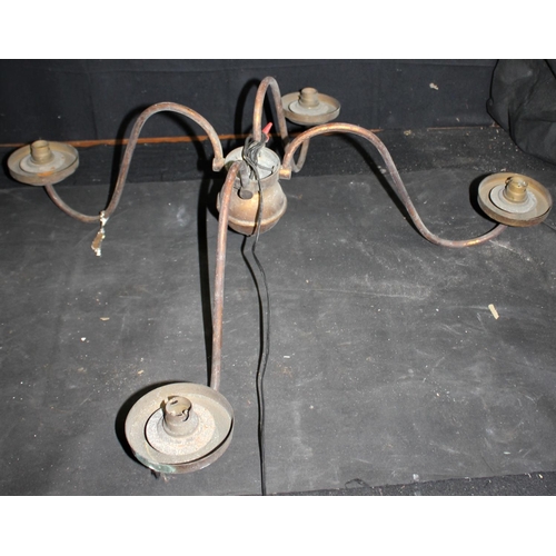 228 - CHROME & GLASS LIGHT FITTING, 2 BRASS 4 BRANCH LIGHT FITTINGS & 1 BRASS 5 BRANCH LIGHT FITTING