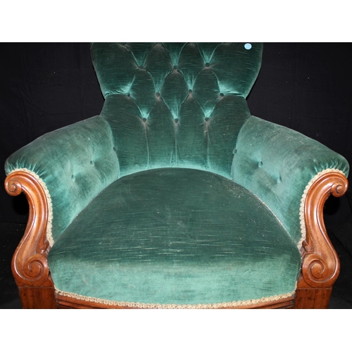 230 - GREEN UPHOLSTERED STUD BACK ARMCHAIR ON FLUTED FRONT LEGS