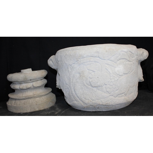 263 - CIRCULAR STONEWORK PLANTER FEATURING STAGS & TROPICAL BIRDS (2 PIECES)