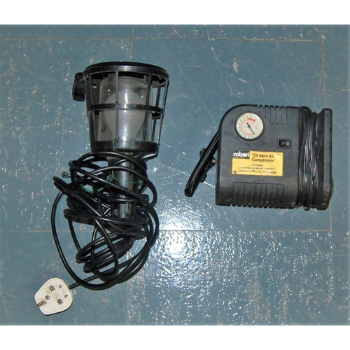 46 - INSPECTION LAMP, ROLSON MINI AIR COMPRESSOR, STEINEL VOLT CHECK, HAND HELD DWELL TACHOMETER, TRAY OF... 