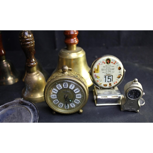 6 - MISCELLANEOUS CURIOUS ITEMS INCLUDING POWDER COMPACTS, BELLS, PAIR SPECTACLES, CALENDAR, CLOCKS ETC