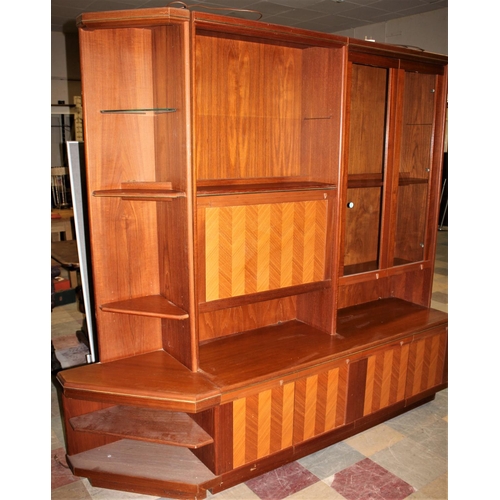 60 - G-PLAN WALL UNIT WITH CUPBOARD BASE, GLASS DISPLAY & DROP FRONT CABINET TOP & CORNER SHELF UNIT