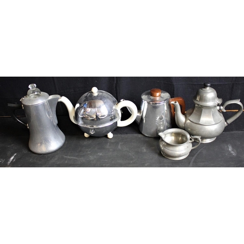 75 - 4 TEA & COFFEE POTS & PEWTER JUG, ORIENTAL PLANTER, AYNSLEY JUG & COURAGE ASHTRAY