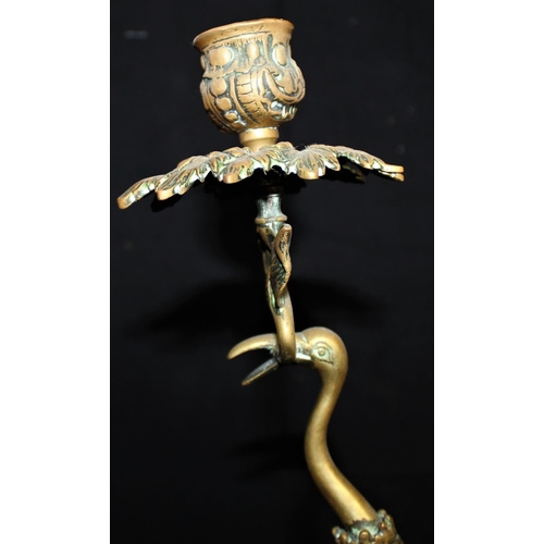 83 - PAIR BRASS CANDLESTICKS IN FORM OF STORKS (H39cm) IN THE STYLE OF THOMAS ABBOTT, BIRMINGHAM