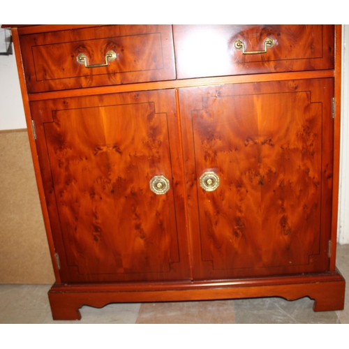 90 - YEW FINISH DISPLAY CABINET WITH CUPBOARD BASE