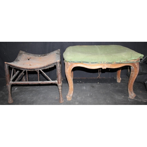 96 - WOODEN CHAIR FRAME, 3 STOOLS, CANEWORK COFFEE TABLE & STICK/UMBRELLA STAND