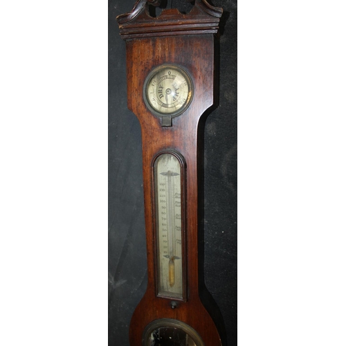 201A - FIVE DIAL WHEEL BAROMETER, SWAN PENDANT OVER HYGROMETER, THERMOMETER & CONVEX MIRROR