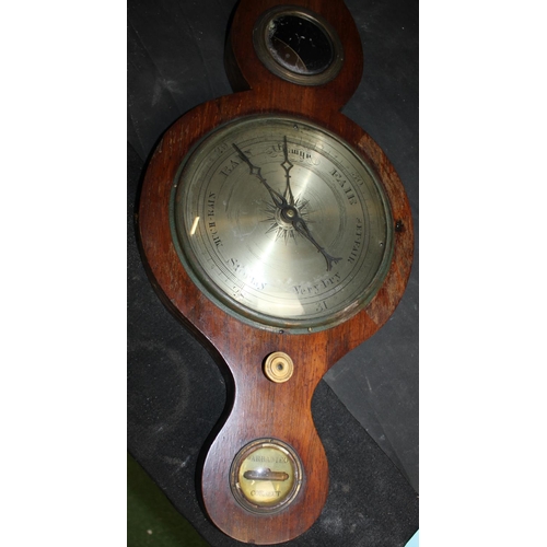 201A - FIVE DIAL WHEEL BAROMETER, SWAN PENDANT OVER HYGROMETER, THERMOMETER & CONVEX MIRROR