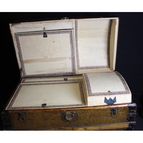 146A - DOMED TIN TRUNK WITH WOODEN BANDING & LEATHER HANDLES (H2ft, W32