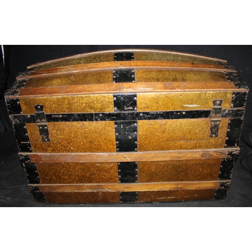 146A - DOMED TIN TRUNK WITH WOODEN BANDING & LEATHER HANDLES (H2ft, W32