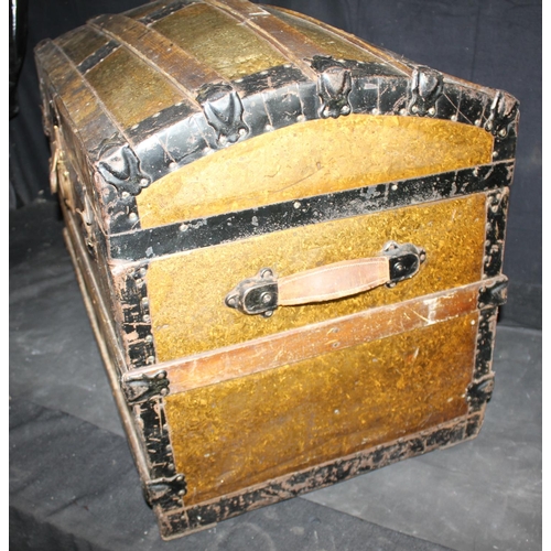 146A - DOMED TIN TRUNK WITH WOODEN BANDING & LEATHER HANDLES (H2ft, W32