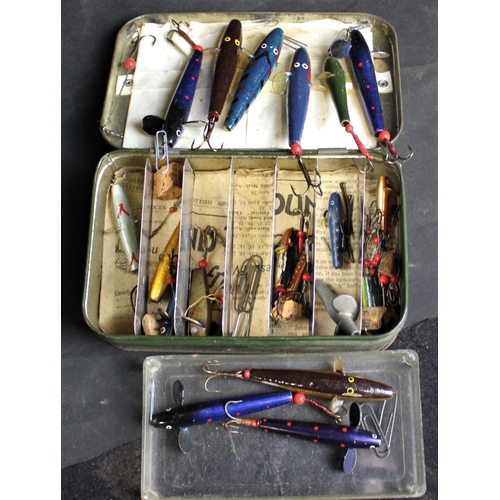 128A - FLY BOX, FISHING LURES & 9 VARIOUS REELS