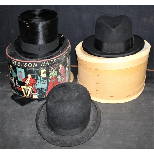 15A - 3 GENT'S HATS: 2 WITH HAT BOXES BRUYNINCKX TOP HAT & UNITES BOWLER HAT & BATTERSBY LONDON HOMBURG