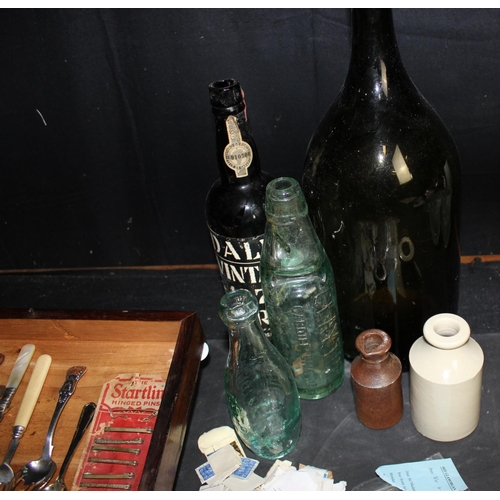 276 - SMALL BOX MISCELLANEOUS ITEMS, BOTTLES & 2 SMALL STONEWARE JARS