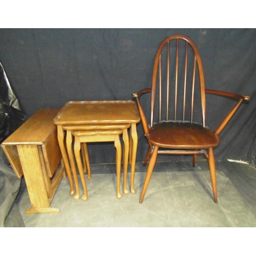 135 - NEST OF 3 TABLES (DAMAGED), SMALL DROP LEAF TABLE & STICK BACK ARMCHAIR