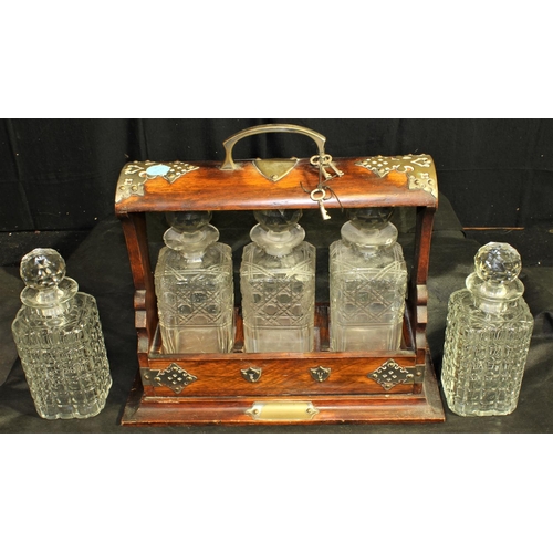 156 - TANTALUS WITH KEY & 5 CUT GLASS DECANTERS - 3 WITH DAMAGE